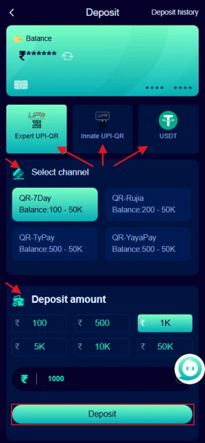 Jalwa Game deposit screen showing payment channel and amount choices