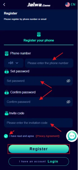Jalwa Game register screen with phone, password, invitation and verification fields